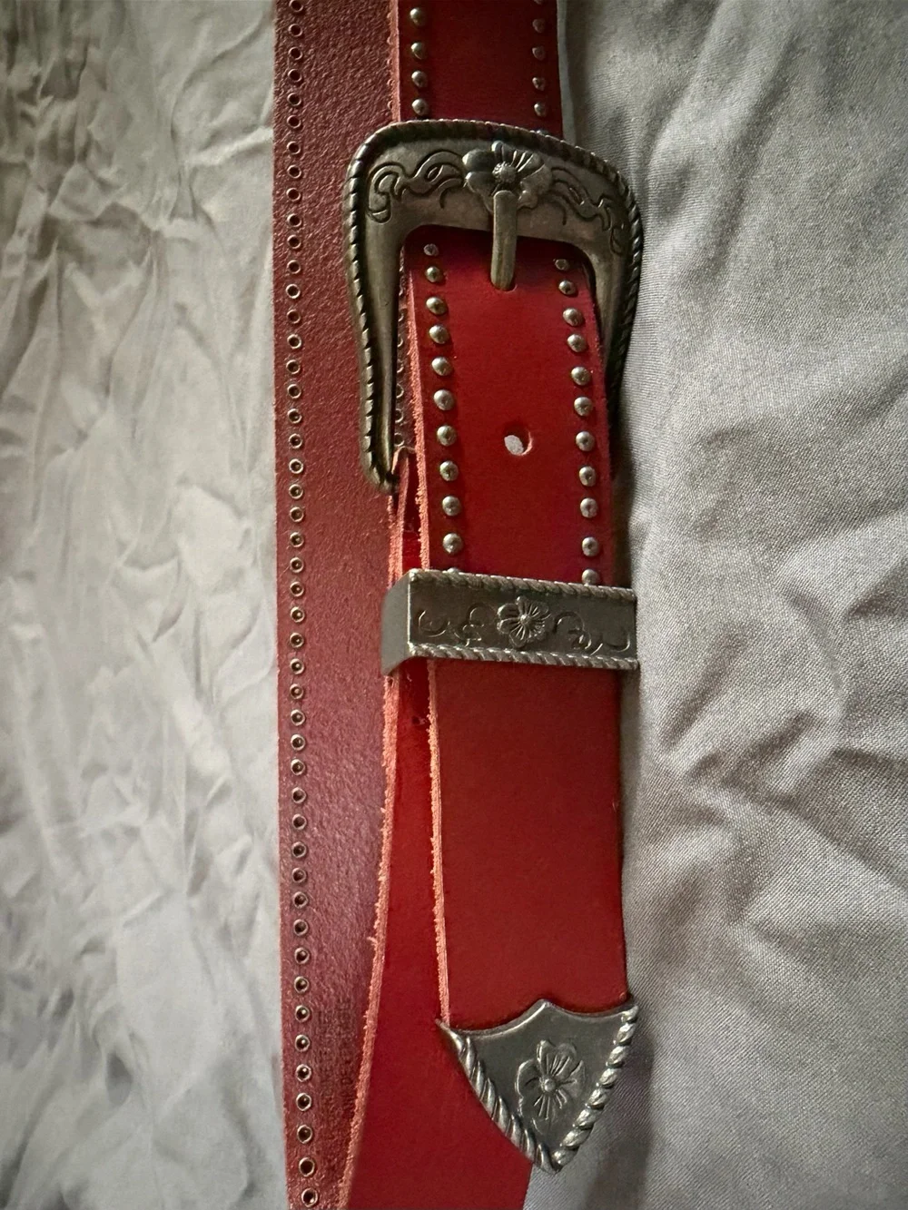 Red Double-Buckle Western Leather Belt with Silver Hardware
